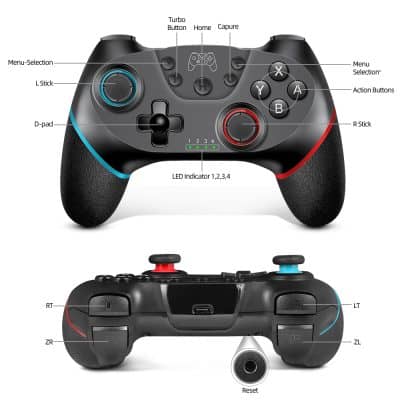 Wireless gaming controller with dual joysticks, action buttons, and LED indicators, designed for enhanced gaming experience. Ergonomic, compatible with multiple consoles, perfect for gaming enthusiasts.