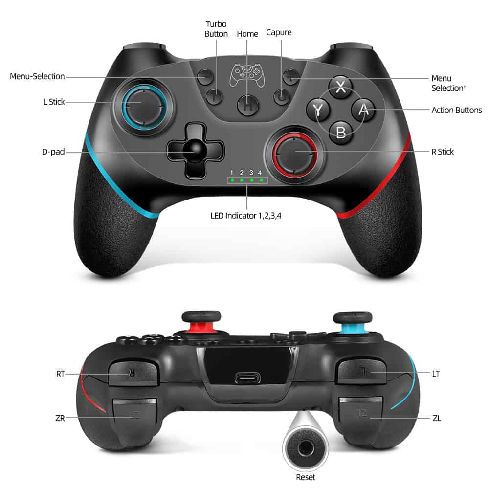 Wireless gaming controller with dual joysticks, action buttons, and LED indicators, designed for enhanced gaming experience. Ergonomic, compatible with multiple consoles, perfect for gaming enthusiasts.