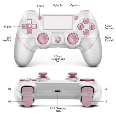 Pink and white gaming controller with labeled buttons, joysticks, and USB charging port for enhanced gaming experience. Perfect for gaming enthusiasts and tech lovers.