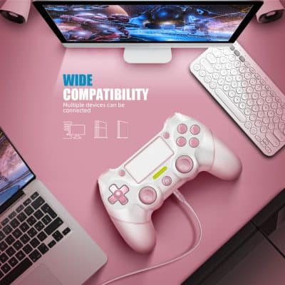 Wireless gaming controller connected to multiple devices, featuring wide compatibility for gaming consoles, PCs, and tablets. Stylish pink design perfect for gamers seeking versatile, high-quality gaming accessories.