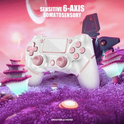 Sleek white and pink gaming controller with sensitive 6-axis somatosensory technology, perfect for immersive gaming experiences.