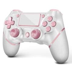 Pink and white gaming controller with ergonomic design for enhanced comfort and precision.