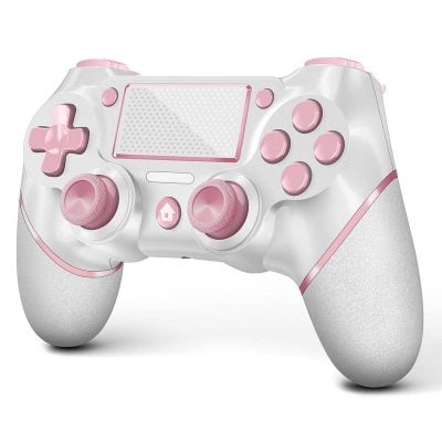 Pink and white gaming controller with ergonomic design for enhanced comfort and precision.