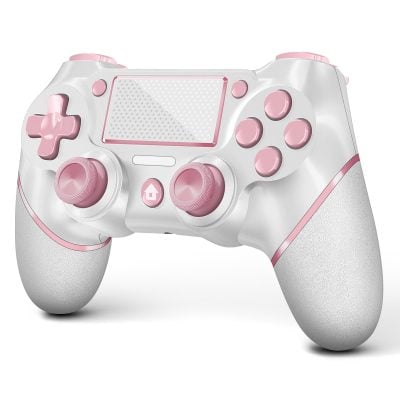 Pink and white gaming controller for PlayStation, featuring ergonomic design and customizable buttons, ideal for gaming enthusiasts.