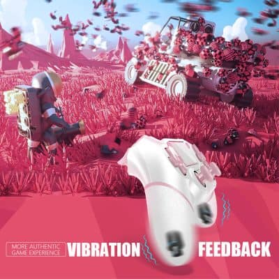 Vibrating gaming controller in a virtual landscape, emphasizing immersive gameplay experience with tactile feedback and vibration effects for enhanced user engagement and realism.