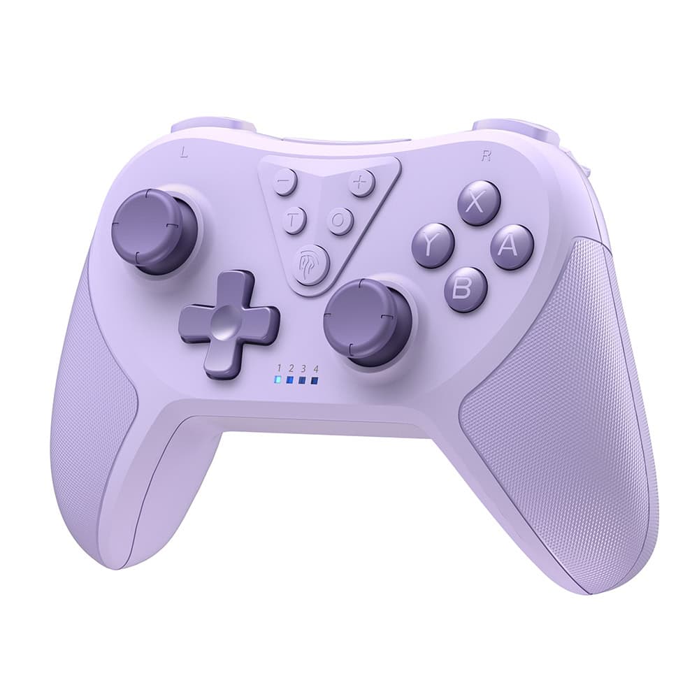 Wireless gaming controller in pastel purple for PC and console gaming, featuring ergonomic design, responsive buttons, and textured grips for enhanced gameplay experience.