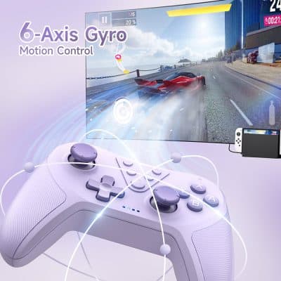 Wireless gaming controller with 6-axis gyro motion control, compatible with Nintendo Switch, for immersive gaming experiences.