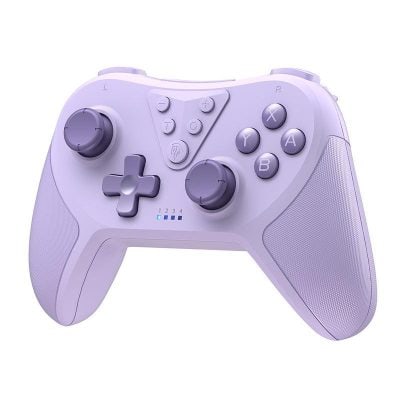 Wireless gaming controller in lavender color with ergonomic design, responsive buttons, and textured grips for enhanced gameplay experience. Perfect for console or PC gaming.