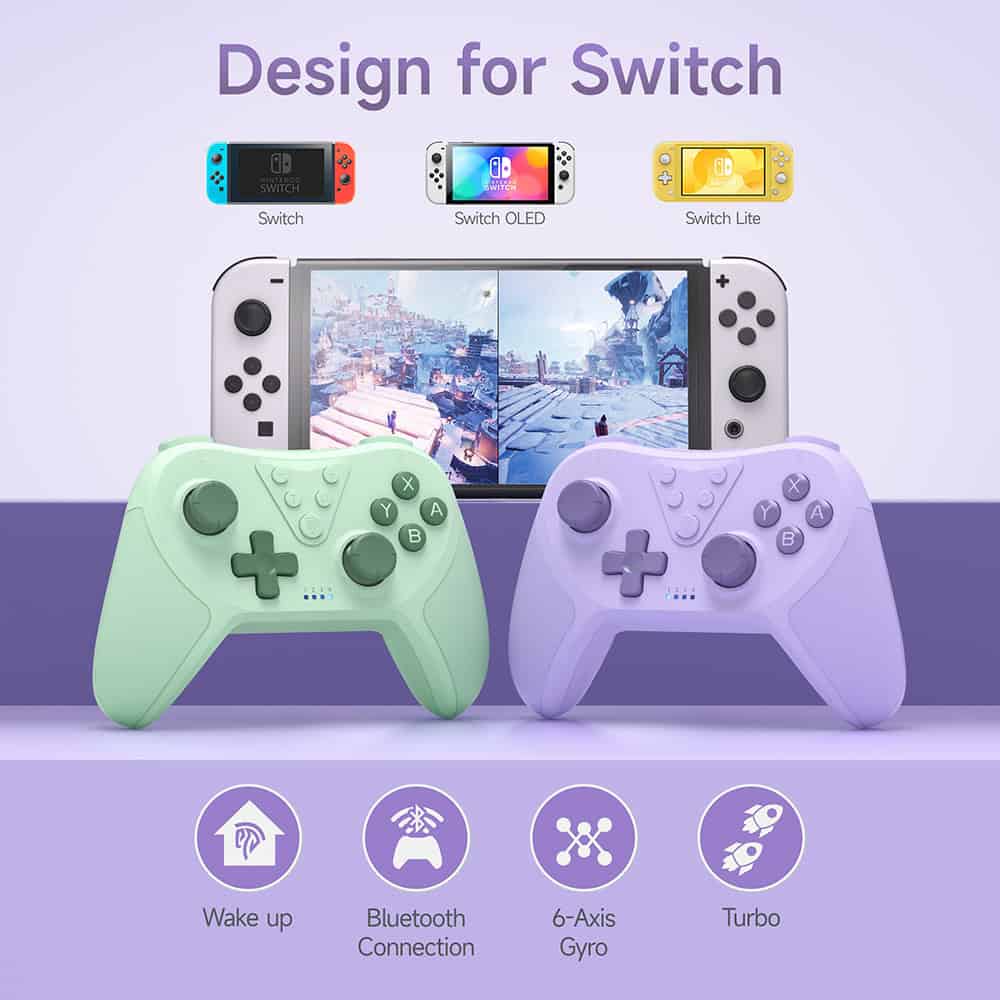 Wireless Nintendo Switch controllers with ergonomic design, Bluetooth connectivity, 6-axis gyro, and turbo function for enhanced gaming experience. Perfect for Nintendo Switch gaming.