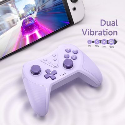 Wireless gaming controller with dual vibration feedback for enhanced gameplay experience. Compatible with smartphones and devices, offering customizable tension levels for immersive gaming sessions.