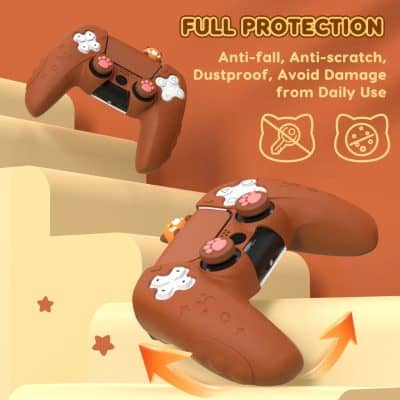 Soft brown gaming controllers with pink and white buttons, emphasizing full protection features; anti-fall, anti-scratch, dustproof, and damage prevention for daily use.