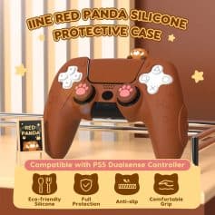 Silicone PS5 controller case with Red Panda design, eco-friendly material, anti-slip grip, full protection, and comfortable handling, compatible with Dualsense controllers for enhanced gaming.