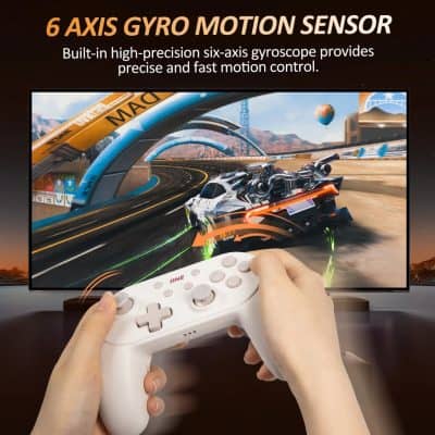 High-precision 6-axis gyro motion sensor for gaming console, fast motion control, accurate game tracking, gaming accessories, image of a gaming controller in front of a monitor with racing game.