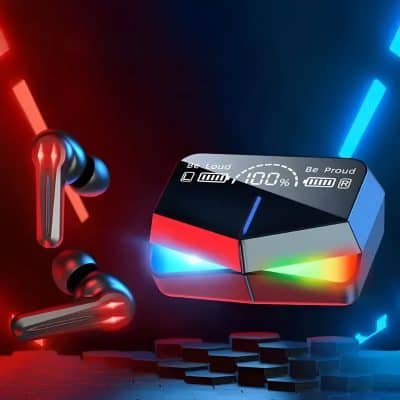 Wireless Bluetooth earbuds with digital charging case, LED display showing battery level, modern tech accessories for enhanced audio experience.