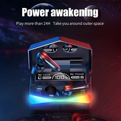 Futuristic wireless earbuds charging case with digital display, colorful LED lights, and space-themed background reflecting innovation in optical health technology.