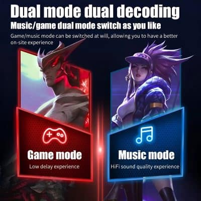 Dual mode gaming and music switch for enhanced on-site experience, featuring game mode with low delay and music mode with HiFi sound quality, perfect for immersive entertainment.