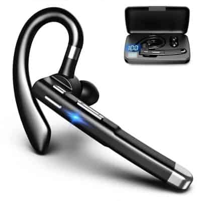 Wireless Bluetooth headset with charging case for sports and calls, black color, modern ergonomic design.