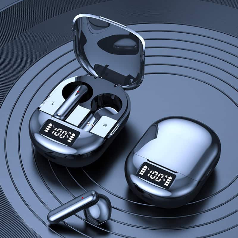 Wireless earbuds charging case with digital display and Bluetooth icon, sleek modern audio accessories, black and silver design, premium earbuds for high-quality sound, portable and stylish.