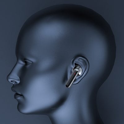 Wireless earbuds on mannequin head, modern audio headphone, Bluetooth earphones, high-quality sound, tech accessories, Monalisa Store.