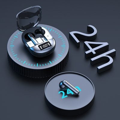 Wireless Bluetooth earbuds charging case with digital display, modern technology, and sleek design. Perfect for on-the-go listening and portable audio accessories.