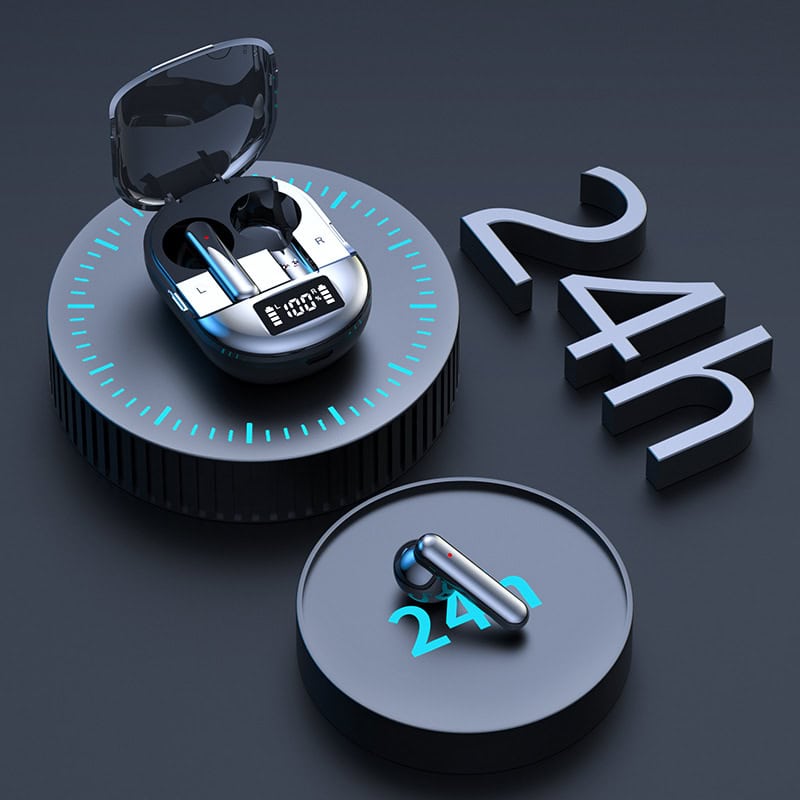 Wireless Bluetooth earbuds charging case with digital display, modern technology, and sleek design. Perfect for on-the-go listening and portable audio accessories.