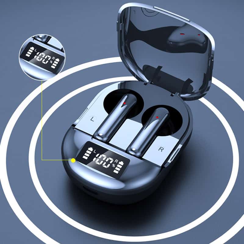 Wireless earbuds charging case with digital battery display and app compatibility for premium sound quality and convenience.