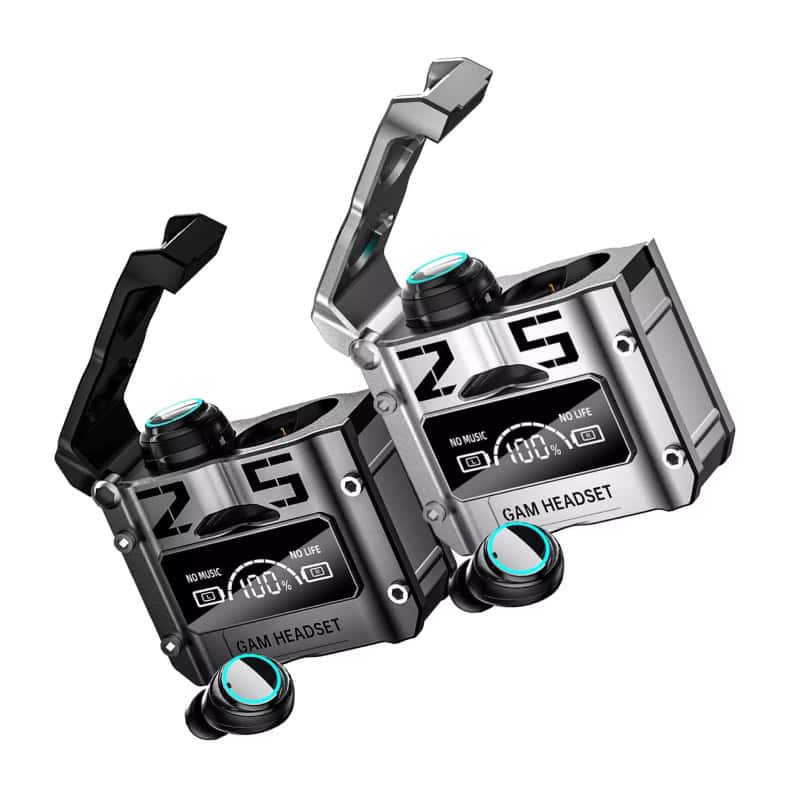 Wireless gaming headsets with digital display and adjustable ear cups, ideal for immersive audio experiences.