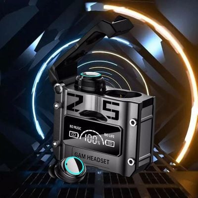 Gaming wireless headset with digital display and adjustable earbud, designed for immersive audio experience and gaming comfort. Perfect for gaming enthusiasts seeking high-quality sound and convenience.