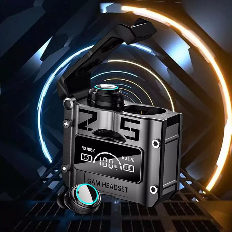 Gaming wireless headset with digital display and adjustable earbud, designed for immersive audio experience and gaming comfort. Perfect for gaming enthusiasts seeking high-quality sound and convenience.