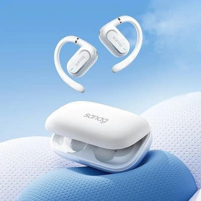 Wireless earbuds with charging case on a blue background, emphasizing portable, high-quality audio accessories available at Monalisa Store.
