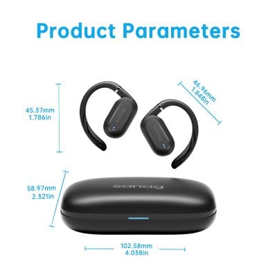 Wireless earbuds with charging case, compact black earphones with adjustable hooks, Bluetooth headphones for sports and daily use, precise measurements for ergonomic fit.