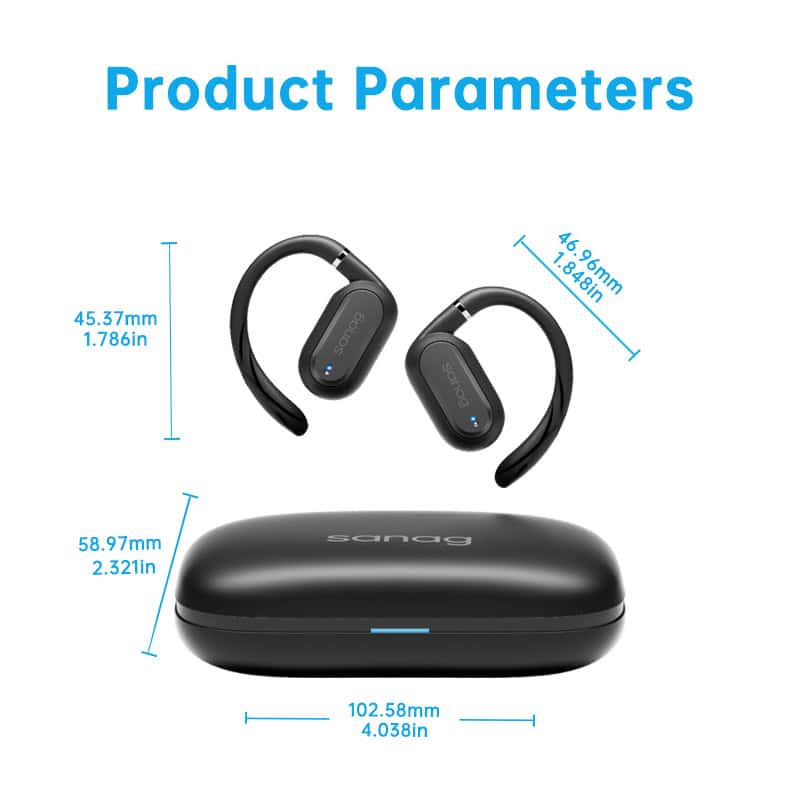 Wireless earbuds with charging case, compact black earphones with adjustable hooks, Bluetooth headphones for sports and daily use, precise measurements for ergonomic fit.