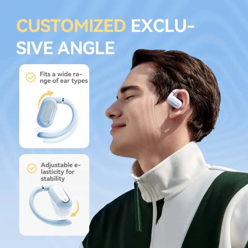 Wireless hearing aid with customizable angle and adjustable elasticity for stability, fitting a wide range of ear types, designed for enhanced comfort and performance.