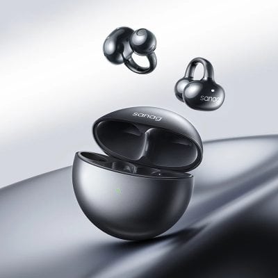 Wireless black earbuds with charging case and brand name "sandg" for portable audio on the go.
