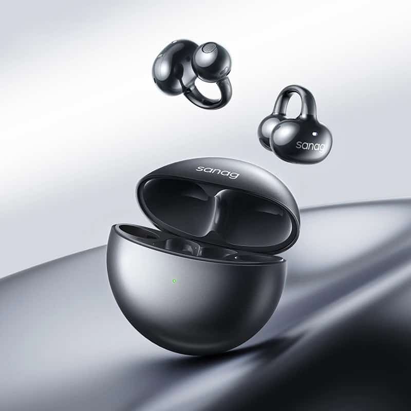 Wireless black earbuds with charging case and brand name "sandg" for portable audio on the go.