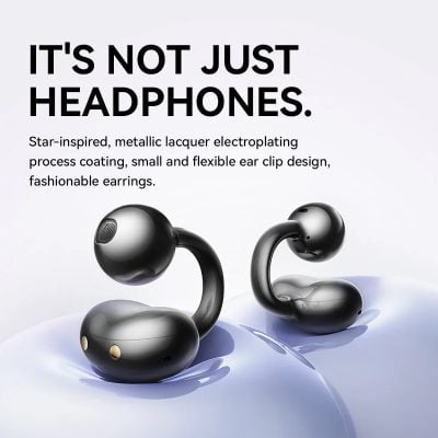 Black star-inspired metallic lacquering earbud headphones with flexible ear clip design and fashionable look, perfect for stylish audio accessories.