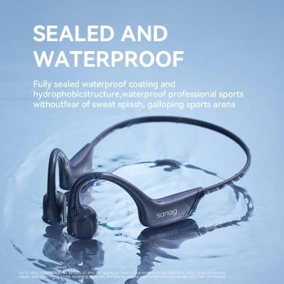 Waterproof sport headphones with sealed and hydrophobic coating, ideal for swimming and water-based activities.