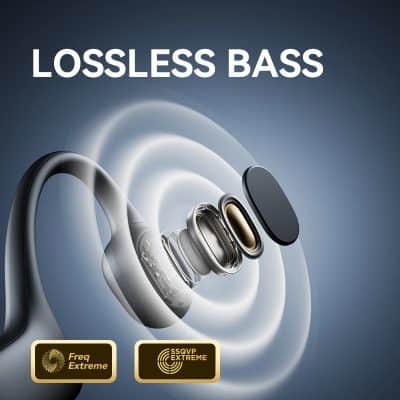 Wireless earbuds with lossless bass sound quality and active noise cancellation features.