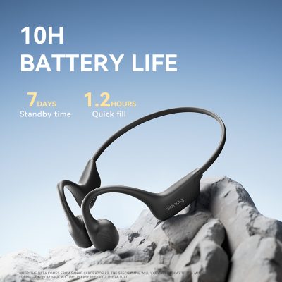 Battery life headphones, long-lasting wireless earbuds, Sanag headset with 10H battery, portable sound device, durable headphones for active use.