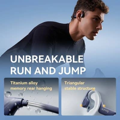 Wireless sports earbuds for active listening and running, young man wearing Bluetooth headphones during workout.
