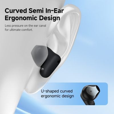 U-shaped curved ergonomic in-ear hearing aid for comfortable fit and reduced ear canal pressure.