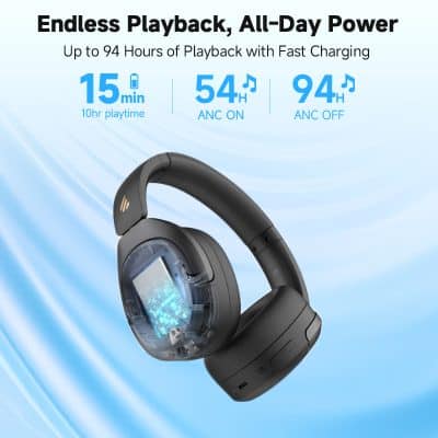 Wireless Bluetooth headphones with long battery life, fast charging, 94-hour playback, and ANC feature for high-quality audio experience.