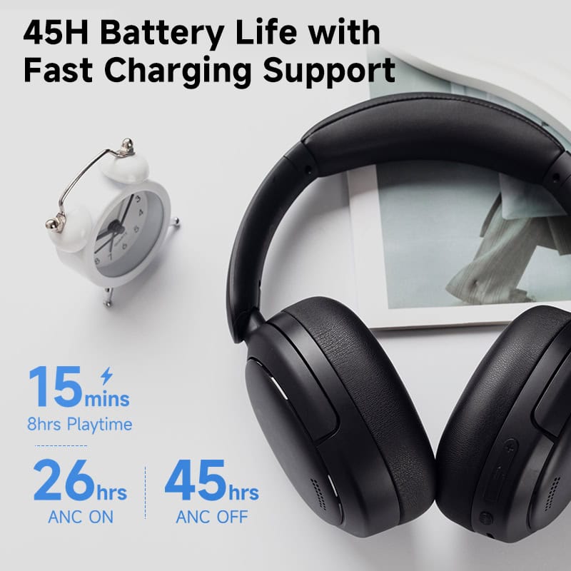 Wireless headphones with long battery life and fast charging support for better audio experience.