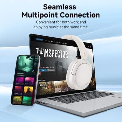 Multipoint connection wireless headphones with laptop and smartphone for seamless music and work integration.
