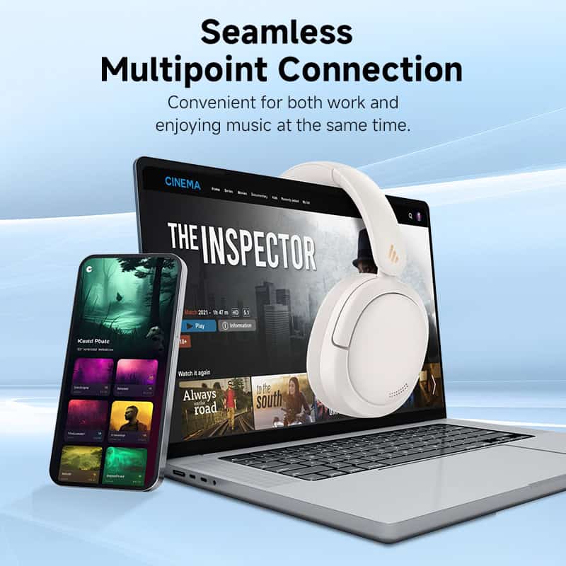 Multipoint connection wireless headphones with laptop and smartphone for seamless music and work integration.