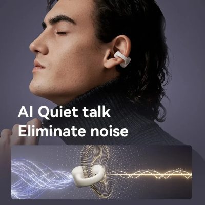 Wireless noise-canceling earbuds in white with AI noise reduction, designed for quiet, distraction-free listening.