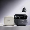 Wireless earbuds and charging case set, black and white, modern design for audio accessories.