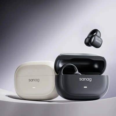 Wireless earbuds and charging case set, black and white, modern design for audio accessories.