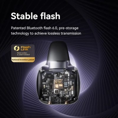 Bluetooth flash device showing internal circuitry, emphasizing secure transmission technology.