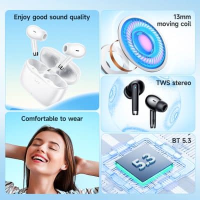 Wireless earbuds with noise-canceling capabilities and Bluetooth 5.3 technology, designed for comfortable wear, high sound quality, and seamless connectivity. Perfect for everyday listening.